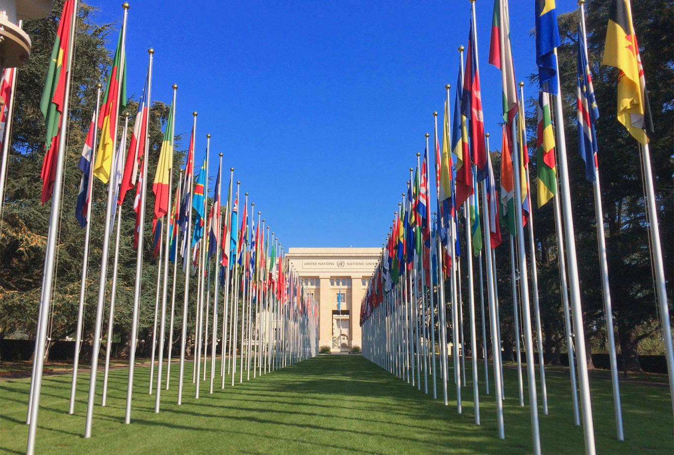  Flags at the United Nations Office at Geneva. Amin (CC BY-SA 4.0) 