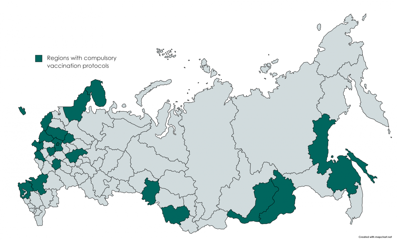 
					Russian regions that have introduced compulsory vaccination as of July 5.					 					MT				