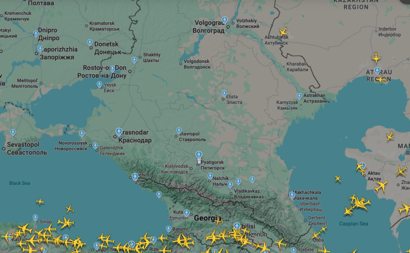 
					A dead zone in the skies above southern Russia at around 10:30 a.m. Moscow time on May 8, 2026.					 					Flightradar 24				