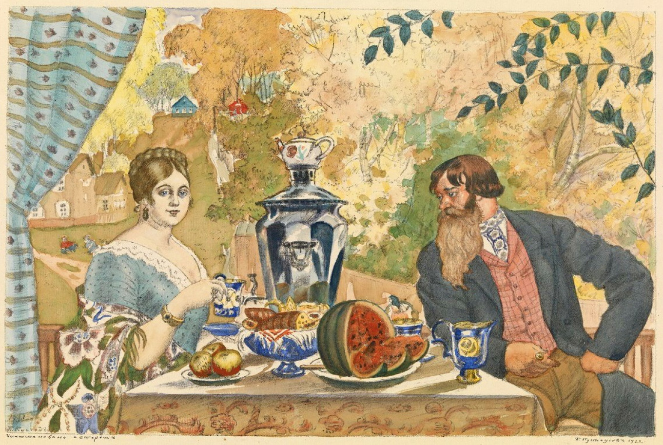 
					A Merchant and his Wife at the Table by Boris Kustodiev, 1922.					 					Wikimedia Commons				