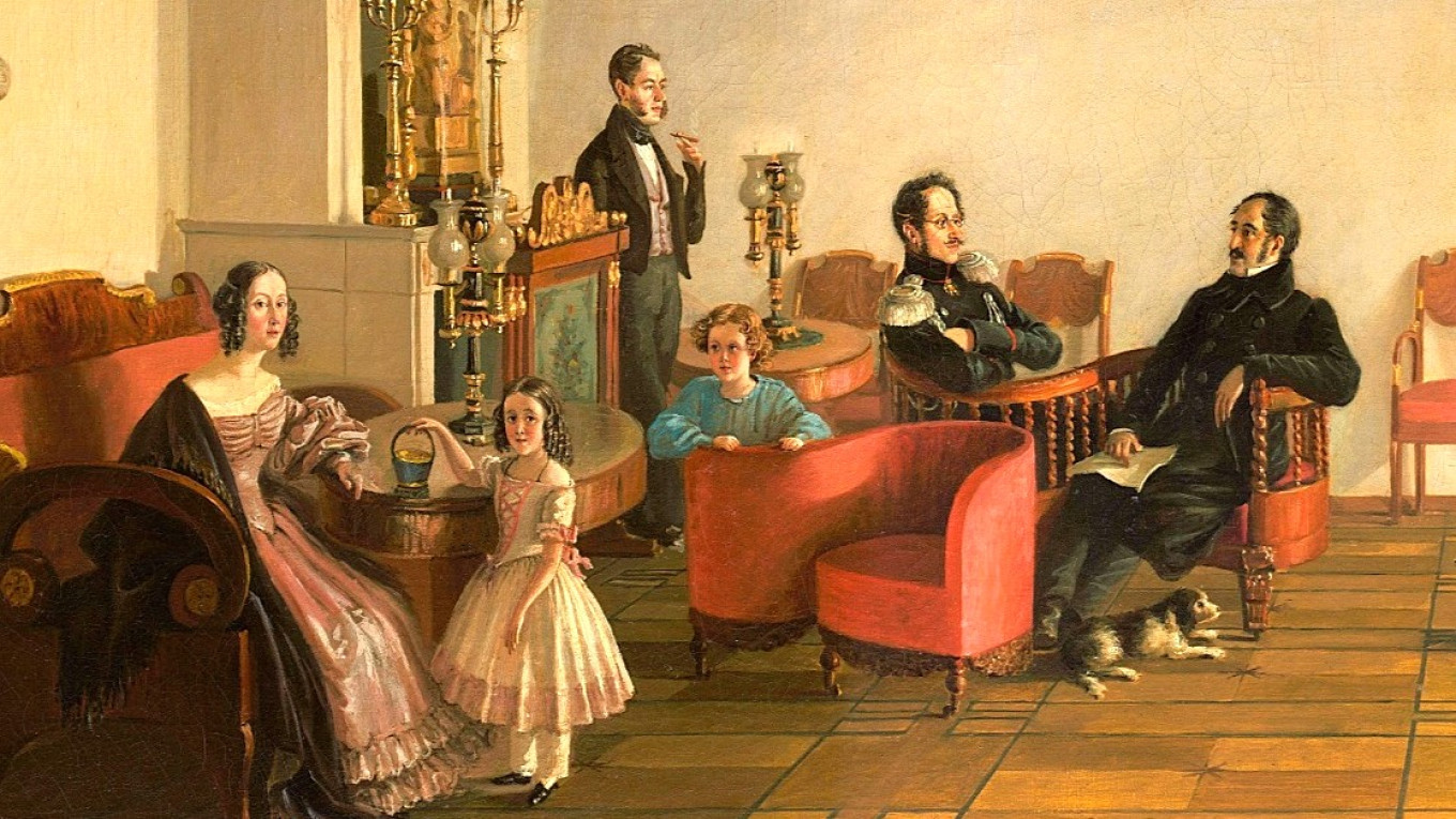 
					In the drawing room of the Durnovo Moscow house (unknown artist, 1840).					 					Wikimedia Commons				