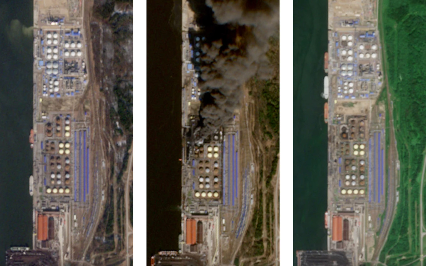 
					The Ust-Luga port in northwest Russia’s Leningrad region was struck multiple times in March. A satellite image from early June shows that facilities remain incapacitated. From left to right: March 14, March 28 and June 7.					 					Copernicus, the EU’s Earth-observation satellite program				