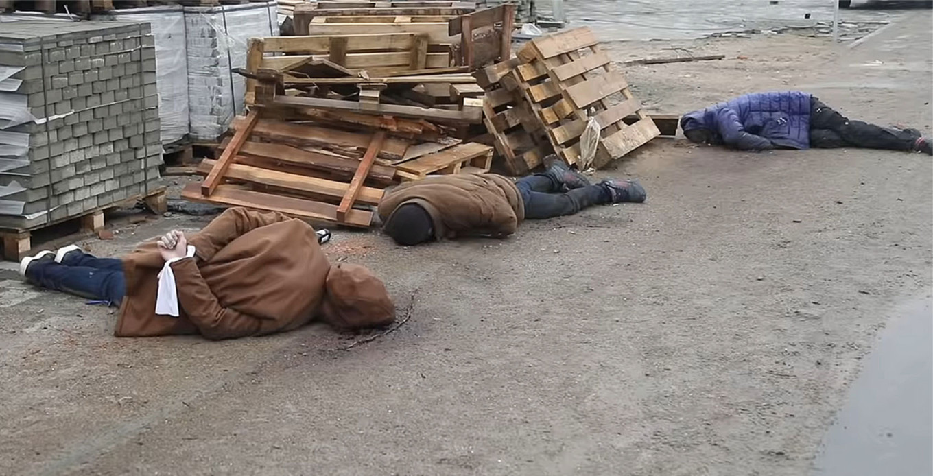 
					Bucha civilians apparently killed by Russian soldiers.					 					Ukrinform TV (CC BY 3.0)				