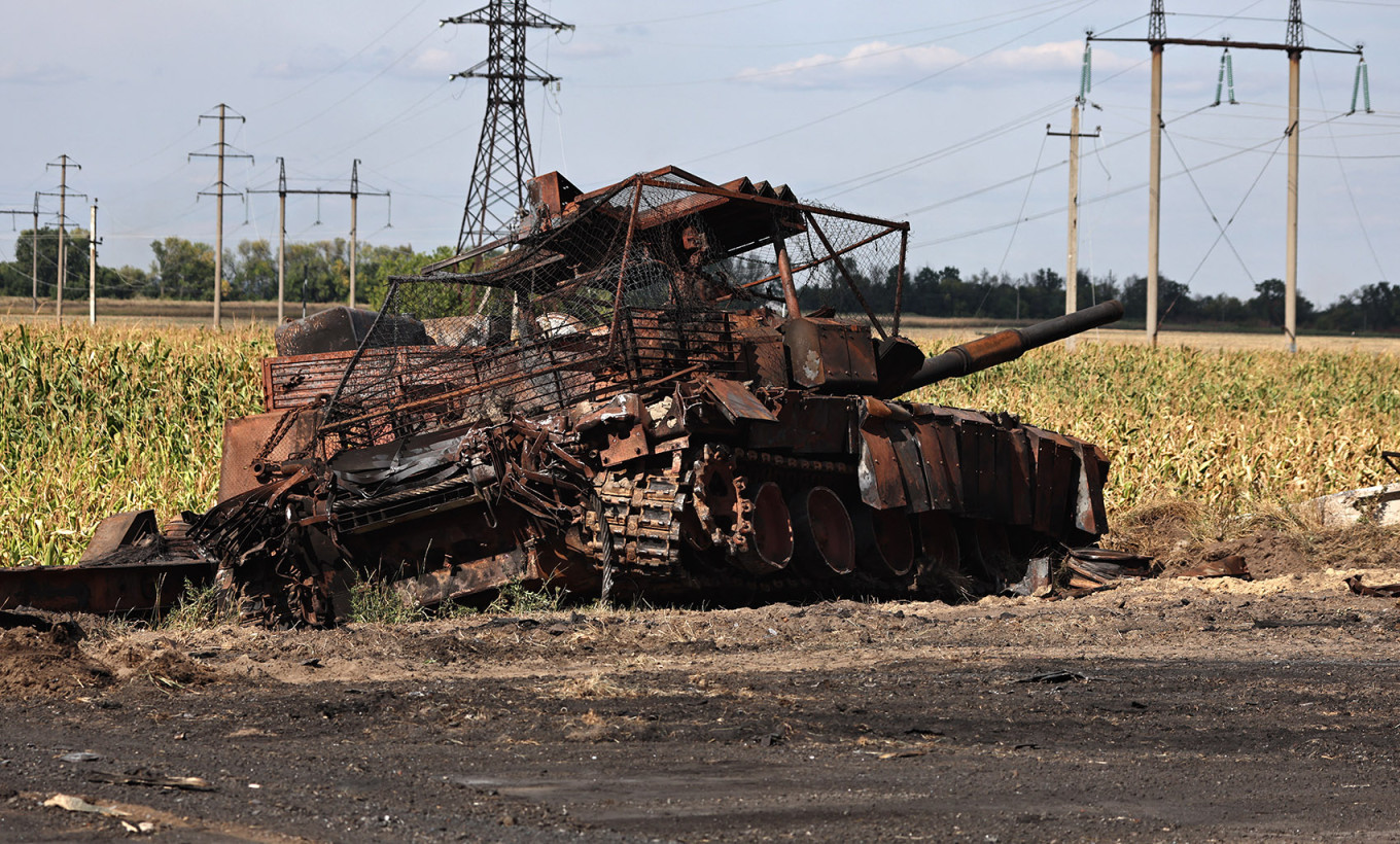 
					A destroyed Russian tank outside the Ukrainian-controlled Russian town of Sudzha in the Kursk region.					 					Yan Dobronosov / AFP				