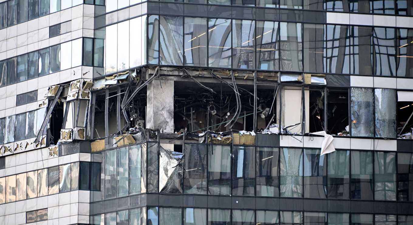 A view of a damaged office block in the Moscow City financial district following a reported drone attack on July 30. Alexander Nemenov / AFP