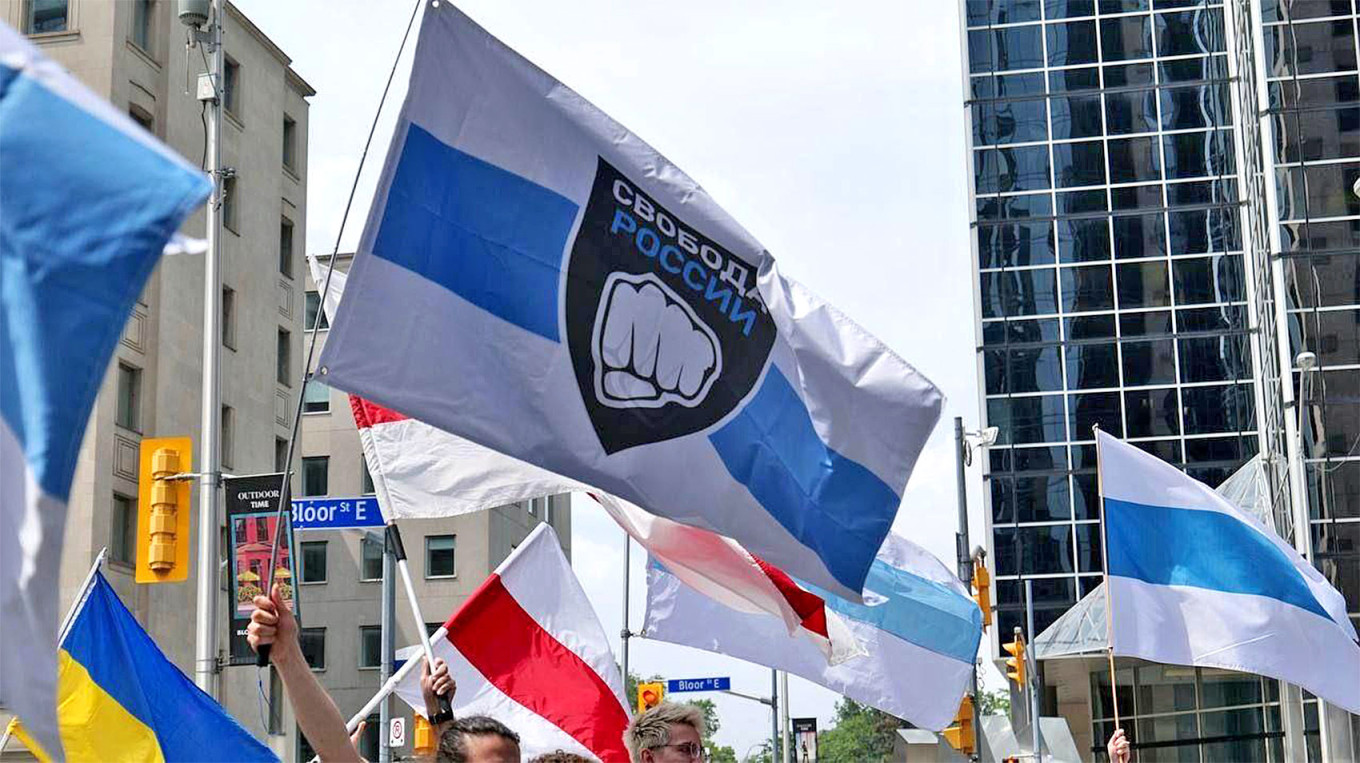 A rally in support of the Freedom of Russia Legion in Toronto, Canada.Freedom of the Russian Legion