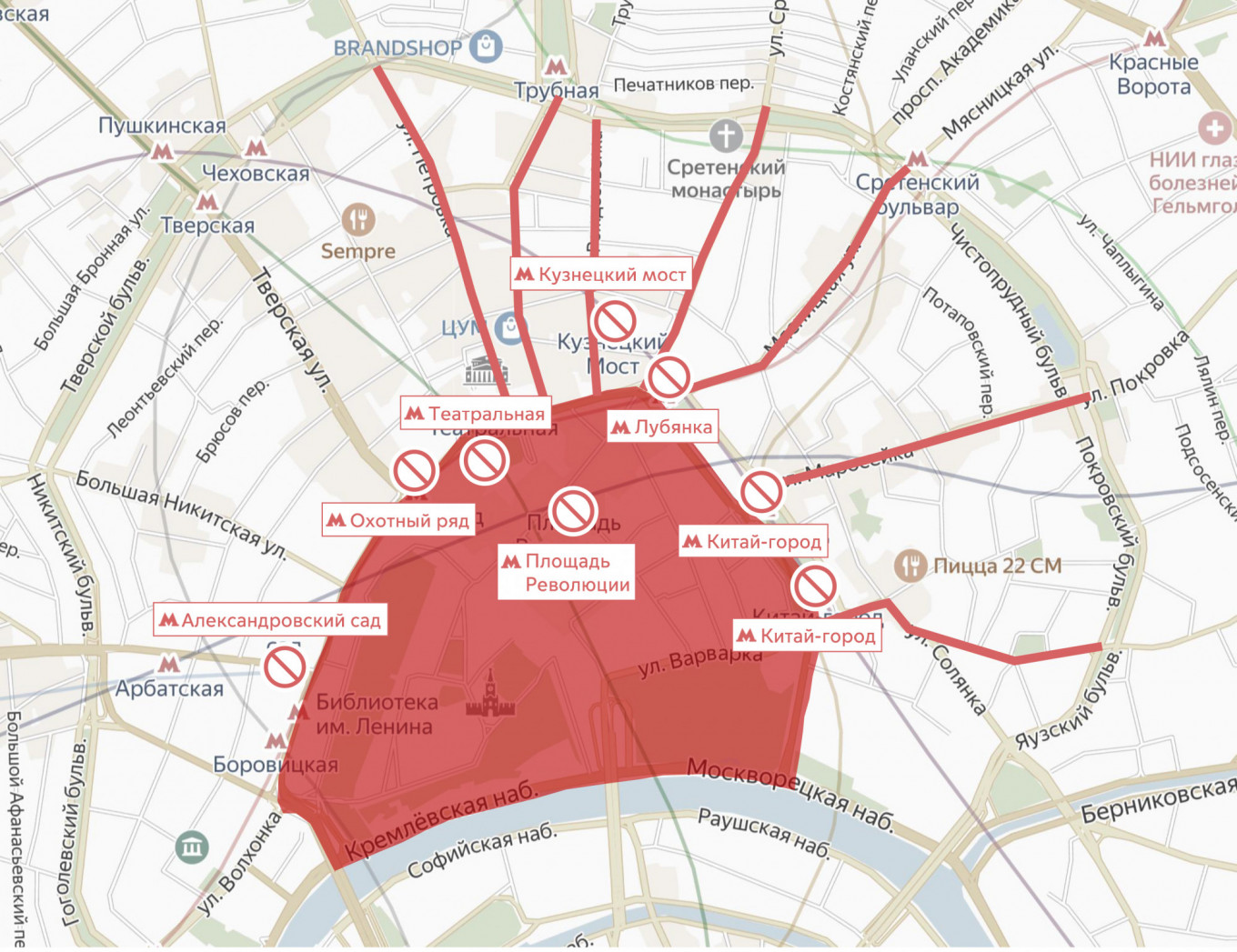 
					Map of roads and metro stations that will be closed in Moscow at the time of the protest Sunday. Cafes and bars will also close and the sale of alcohol will be restricted.					 					Russian Interior Ministry				