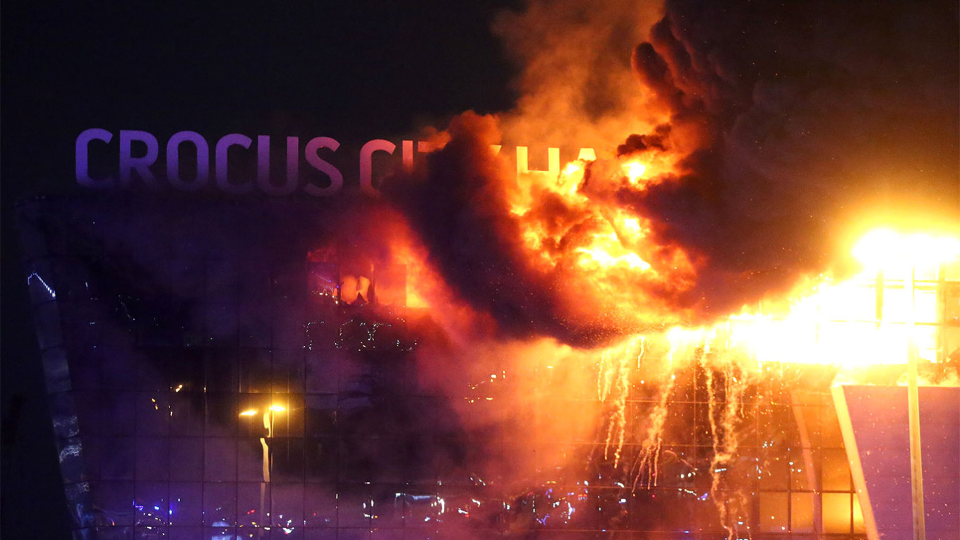 
					Burning Crocus City Hall.					 					Sergei Vedyashkin / Moskva News Agency				