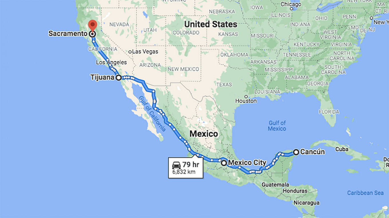 
					Politov's route took him thousands of miles from southern Mexico to northern California.					 					Google Maps				