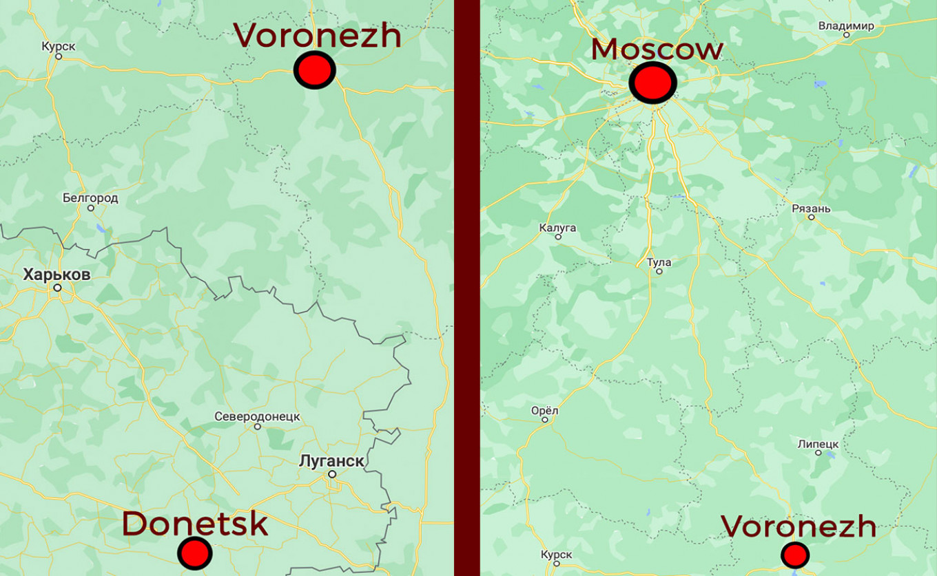 
					Voronezh is located only a few hours' drive from the Donbas frontline.					 					MT / Google maps				