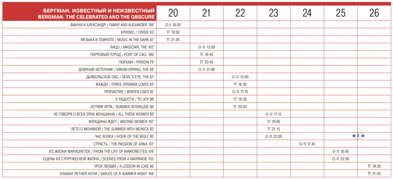 
					Schedule for Bergman Festival O11 - Oktyabr Theater; ТГ - Tretyakov Gallery					 					Courtesy Embassy of Sweden, Moscow				