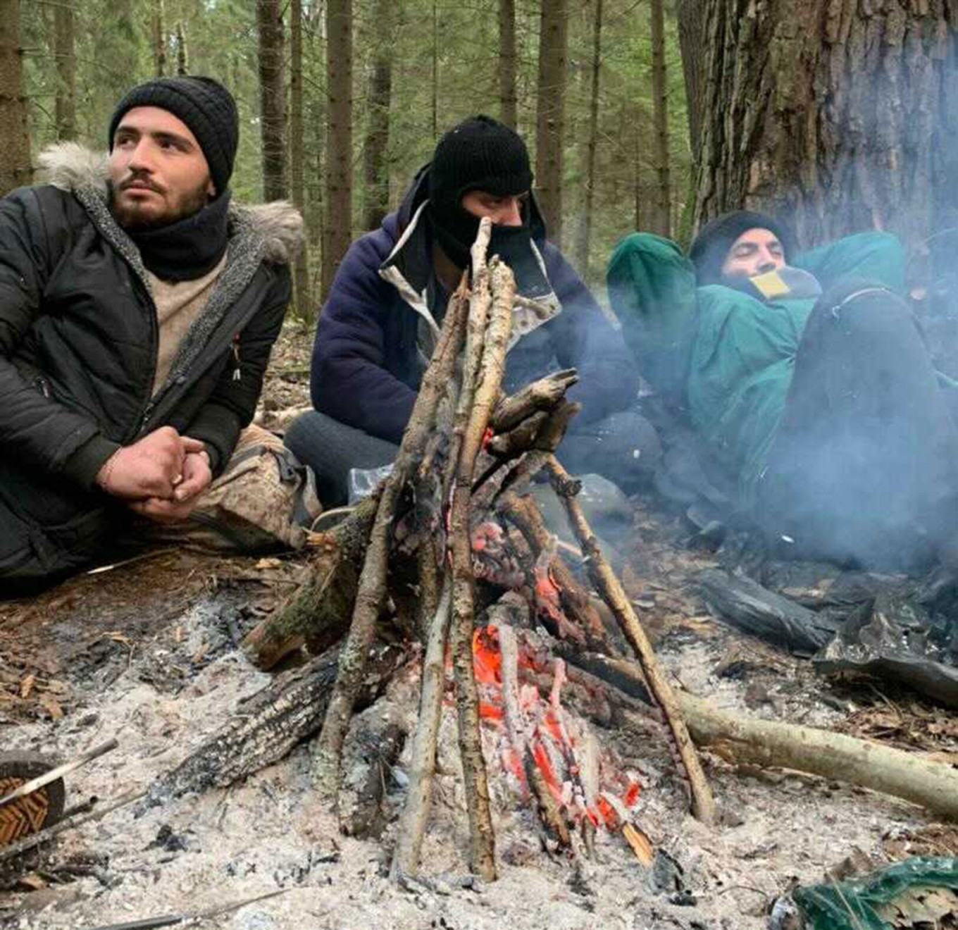 
				The group camping in the forest on the border with Poland.				 				Personal archive			