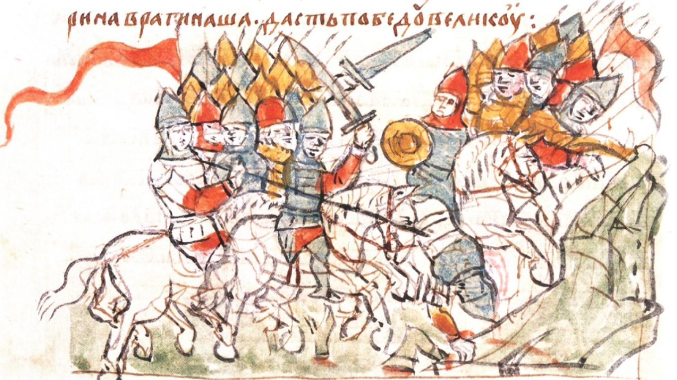 
					The Battle of the Russian Princes with the Polovtsians in 1103, Radziwiłł Chronicle of the 15th century					 					Wikimedia Commons				