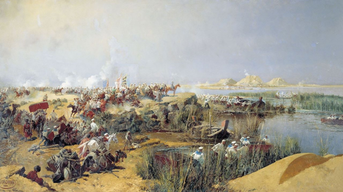 
					The Khiva campaign of 1873. Turkestan detachment crossing the Amu Darya River, by Nikolai Karazin.					 					Wiki Commons				