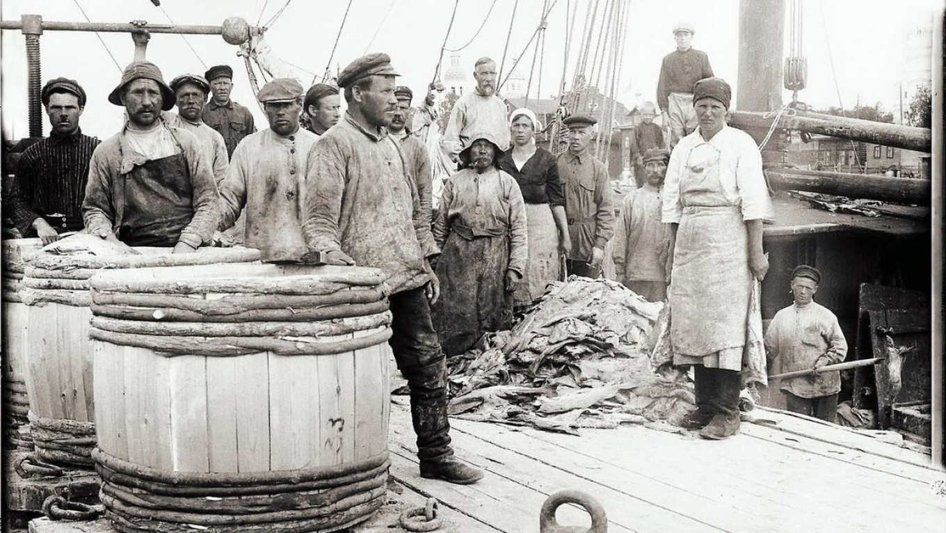
					Herring production, Arkhangelsk, late 19th century.					 					Wikicommons				