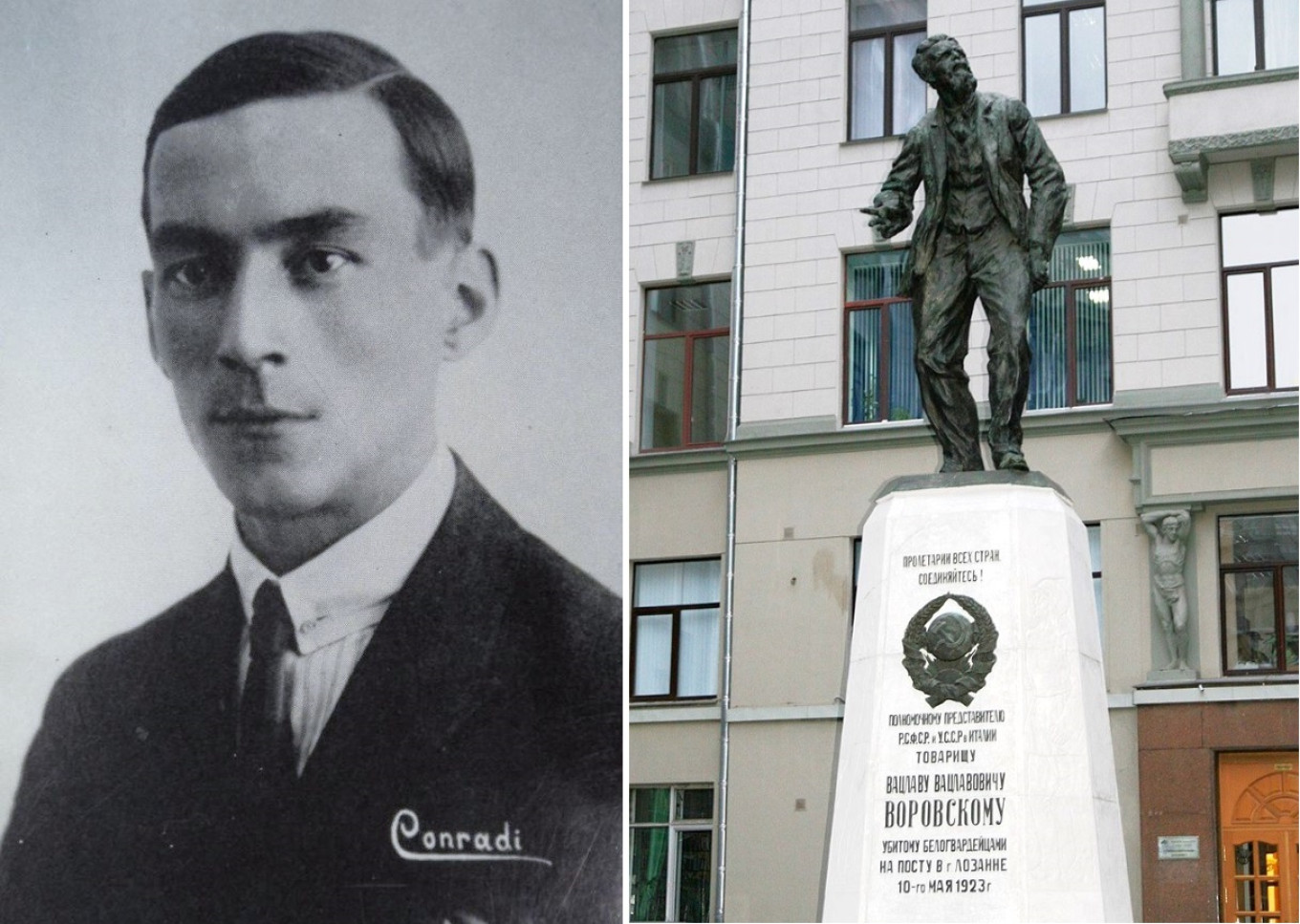 
					Maurice Conradi (1921) and the monument to Vatslav Vorovsky in Moscow					 					Wikicommons				