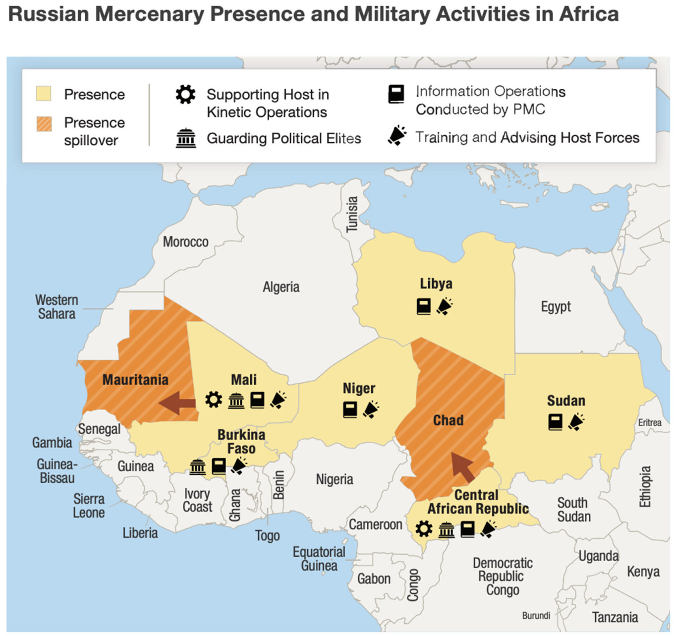 
					A map showing the functions performed by Russian mercenaries in Africa.					 					RAND Corporation				