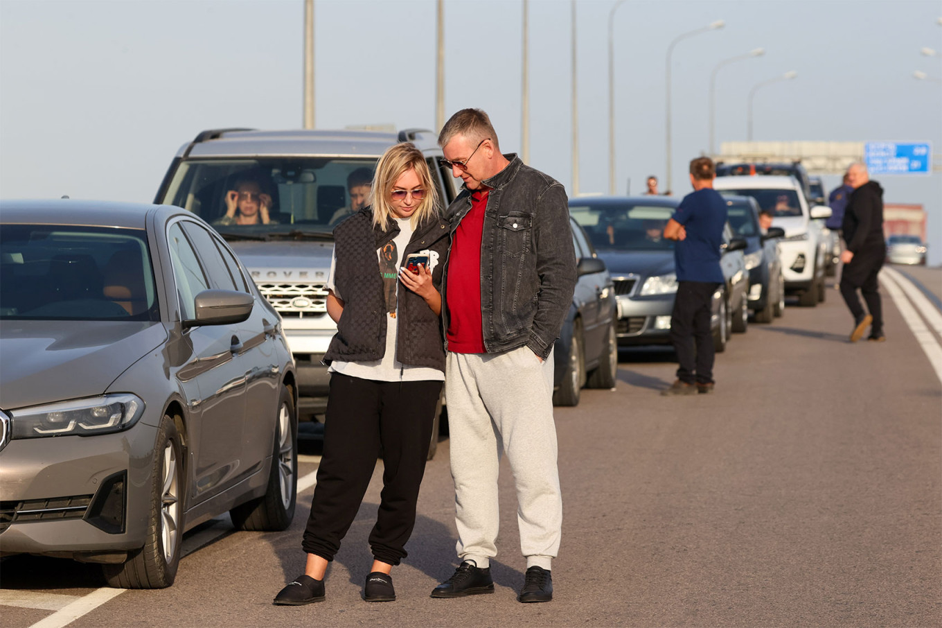 
					Vehicles queue as traffic is partially restored on the Crimean Bridge.					 					Sergei Malgavko / TASS				