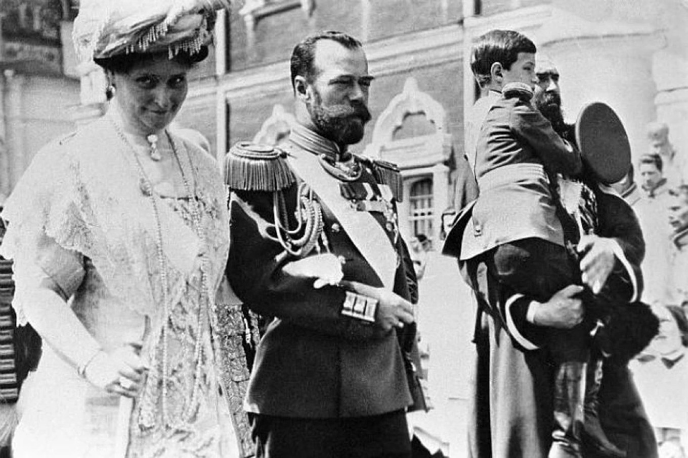 
					Empress Alexandra Fyodorovna, Nicholas II and their son Tsarevich Alexei in the Kremlin at the celebration of the 300th anniversary of the Romanov House in 1913.					 					Wikimedia Commons				