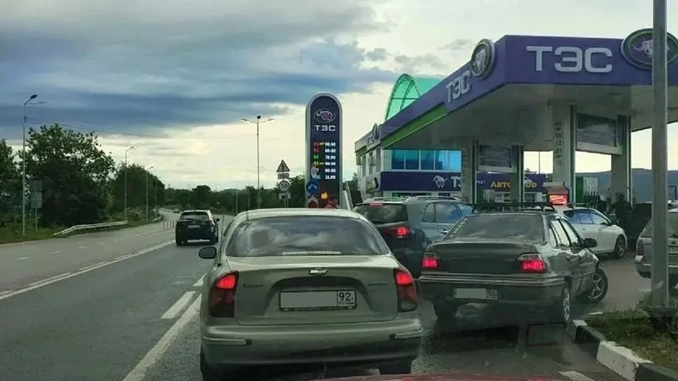 
					Cars wait in line at a gas station in Crimea.					 					Social media				