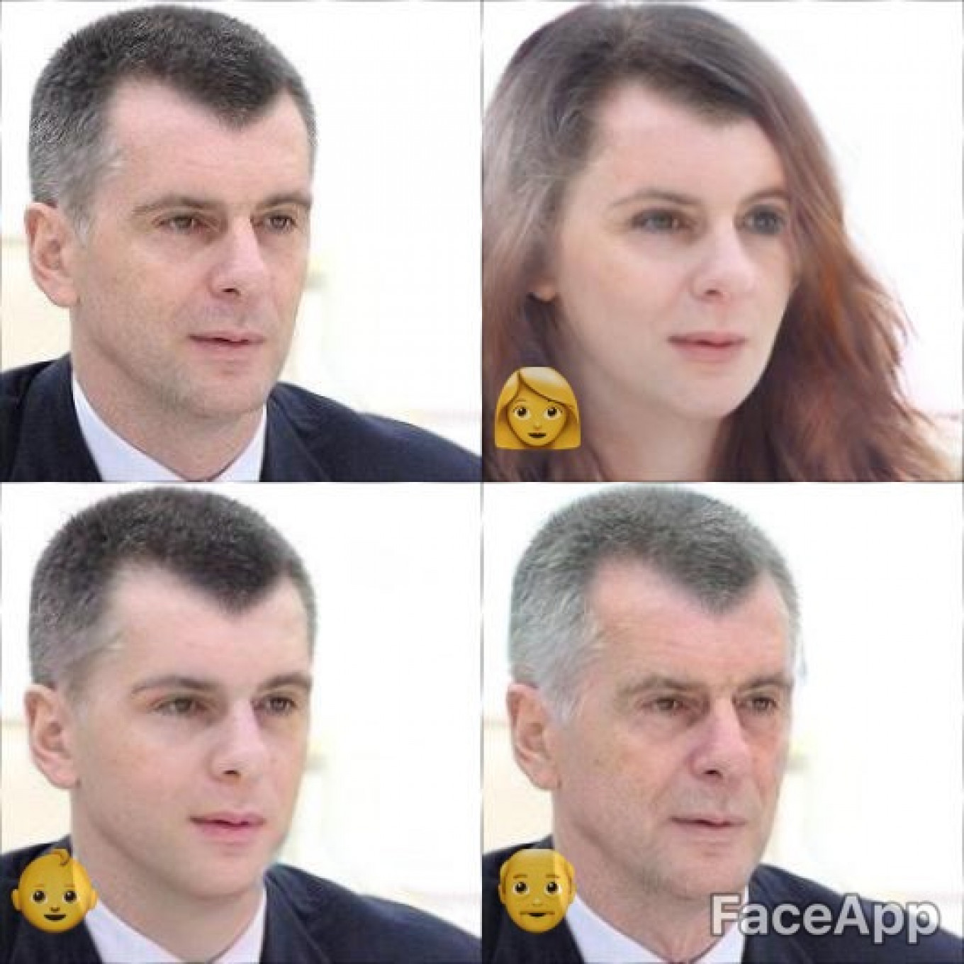 
					Oligarch Mikhail Prokhorov is finally selling off his cherished independent news agency RBC. Here he is as a woman, young man, and old man.					 					Kremlin Press Service				