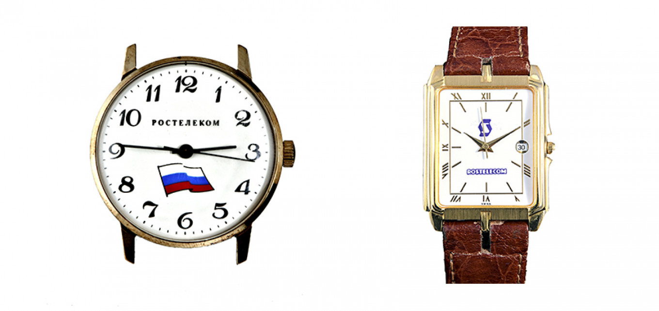 
										 					A corporate gift from Rostelecom during its leaner days of the mid 90s' (l) and the Swiss made version, after margins increased in the early 2000s (r)				