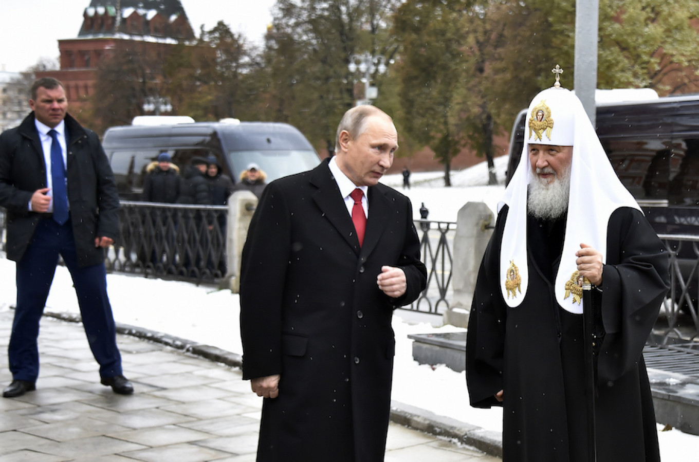 
					Russian President Vladimir Putin and Russian Orthodox Patriarch Kirill speak in Red Square in Moscow, Russia.					 					Alexander Nemenov / AP				