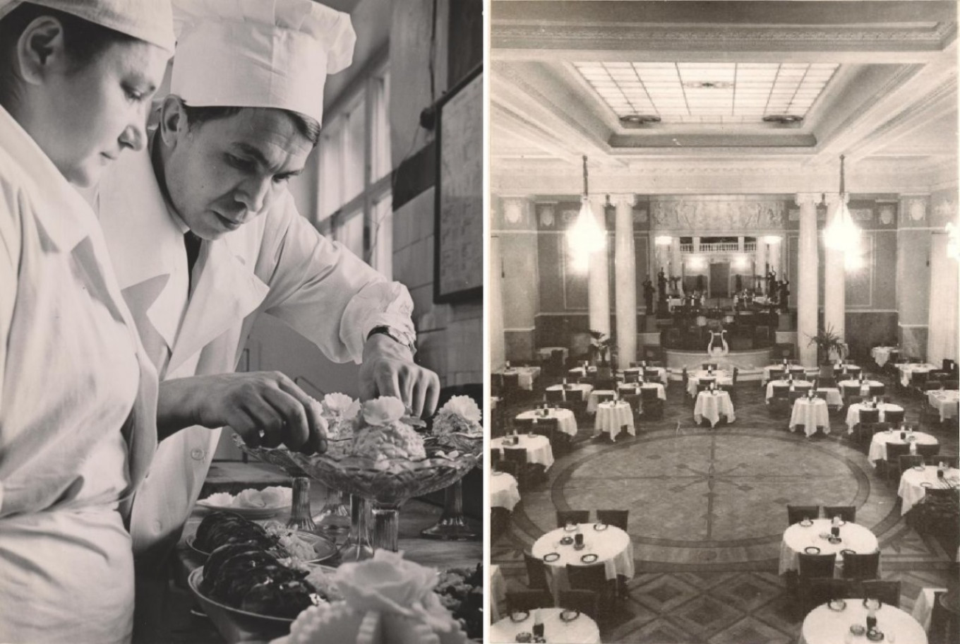 
					Ali Babikov, chef of the Metropol restaurant in Leningrad, and the main dining hall (1970s).					 					Wikimedia Commons				