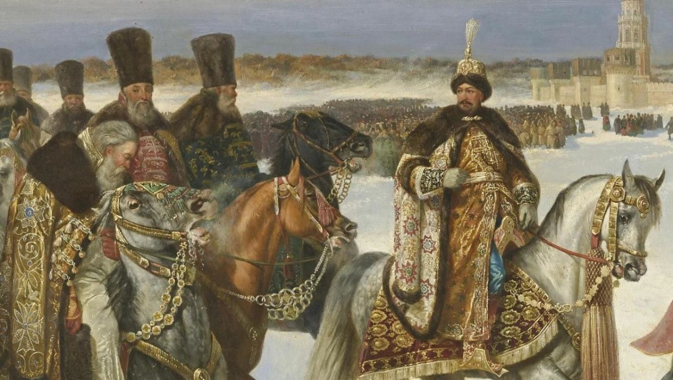 
					 “Tsar Alexei Mikhailovich leaving to review the troops in 1664” by Nikolai Sverchkov.					 					Wiki Commons				