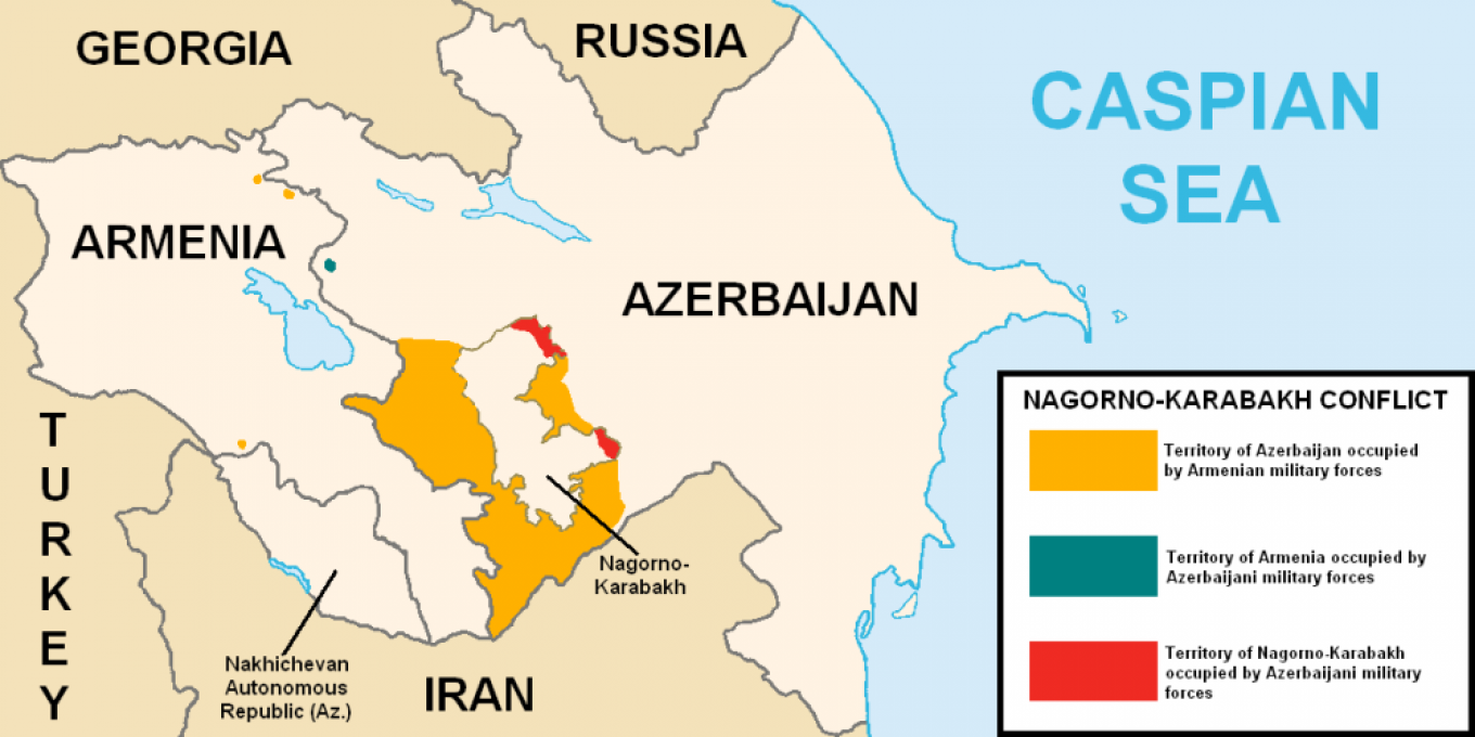 
					Nagorno-Karabakh and areas under control of Armenian and Azerbaijani forces, before the conflict resumed in September 2020.					 					Public domain				