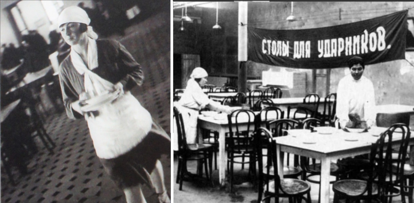 A Soviet canteen worker is not a waitress (left). Separate tables for shock workers – those who exceeded their quotas (right). Wikimedia Commons