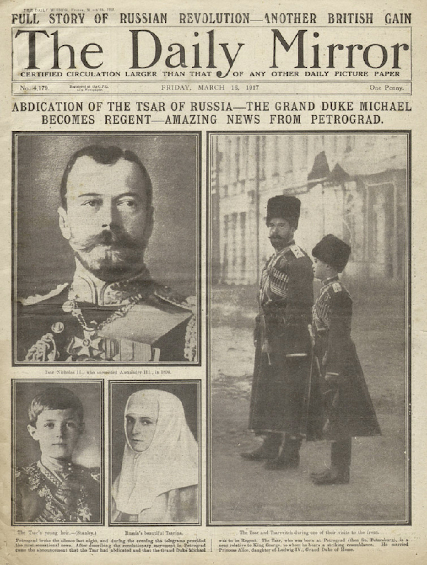 Halaman depan The Daily Mirror, 16 Maret 1917. Proyek 1917