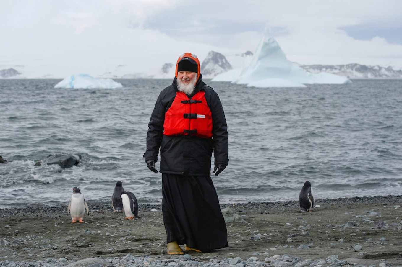 
					Patriarch Kirill poses for a photo at Russia’s Bellingshausen Antarctic station.					 					Russian Orthodox Church Patriarchate Press Office / TASS				