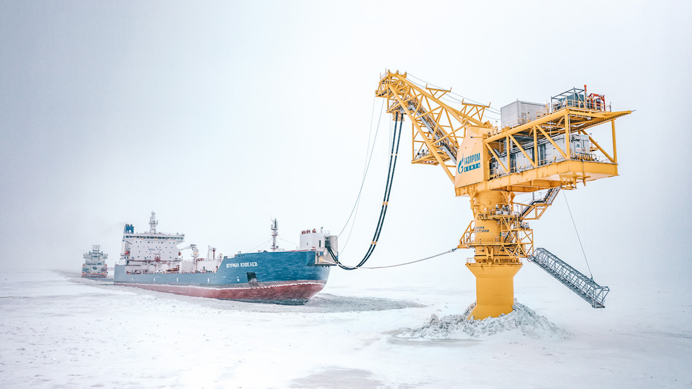 
					Gazprom Neft's oil shipment at the Arctic Gate oil terminal.					 					Gazprom Neft				