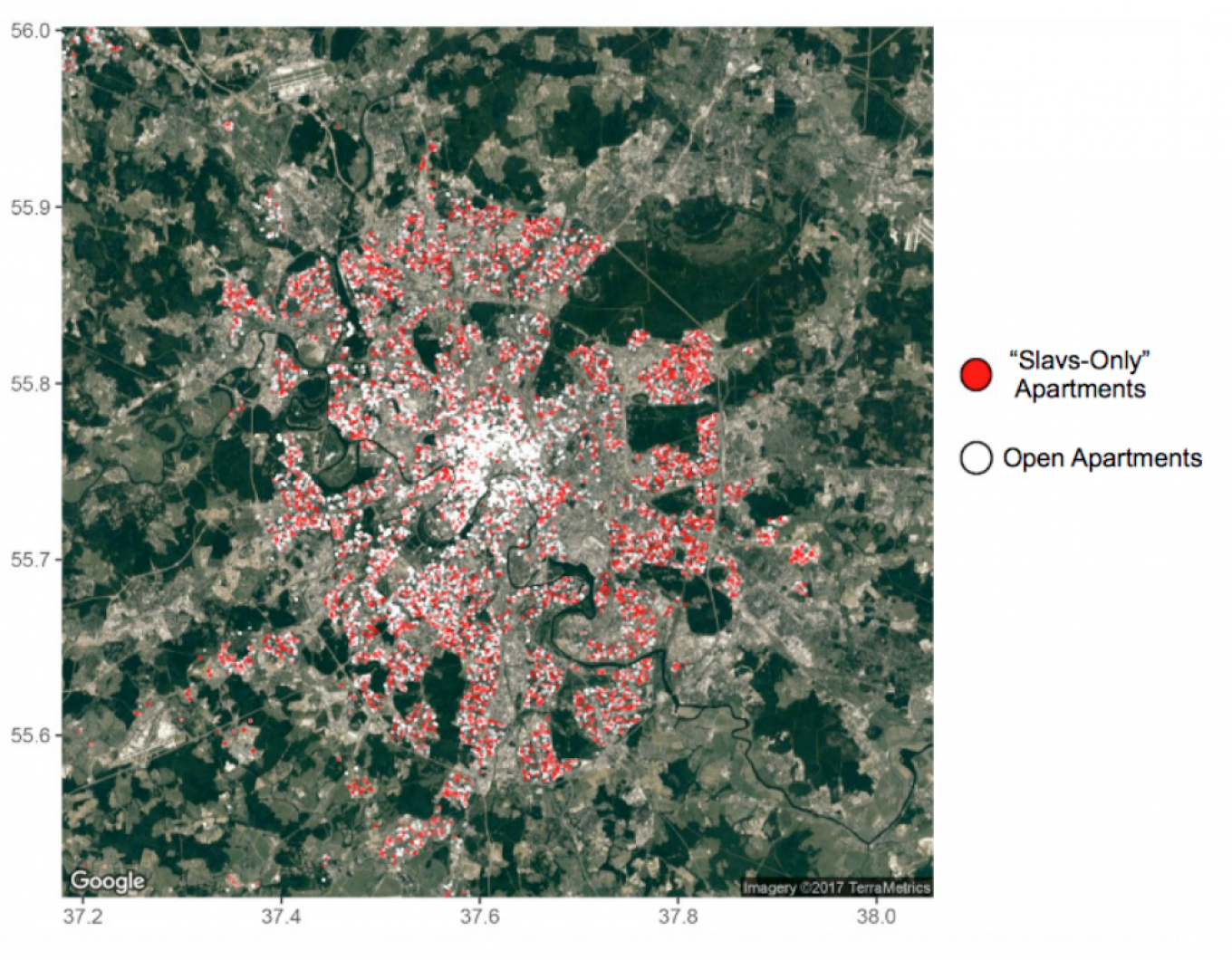 A map of apartments available in Moscow, colored in relation to whether landlords restrict potential tenants on ethnic grounds. Robustory