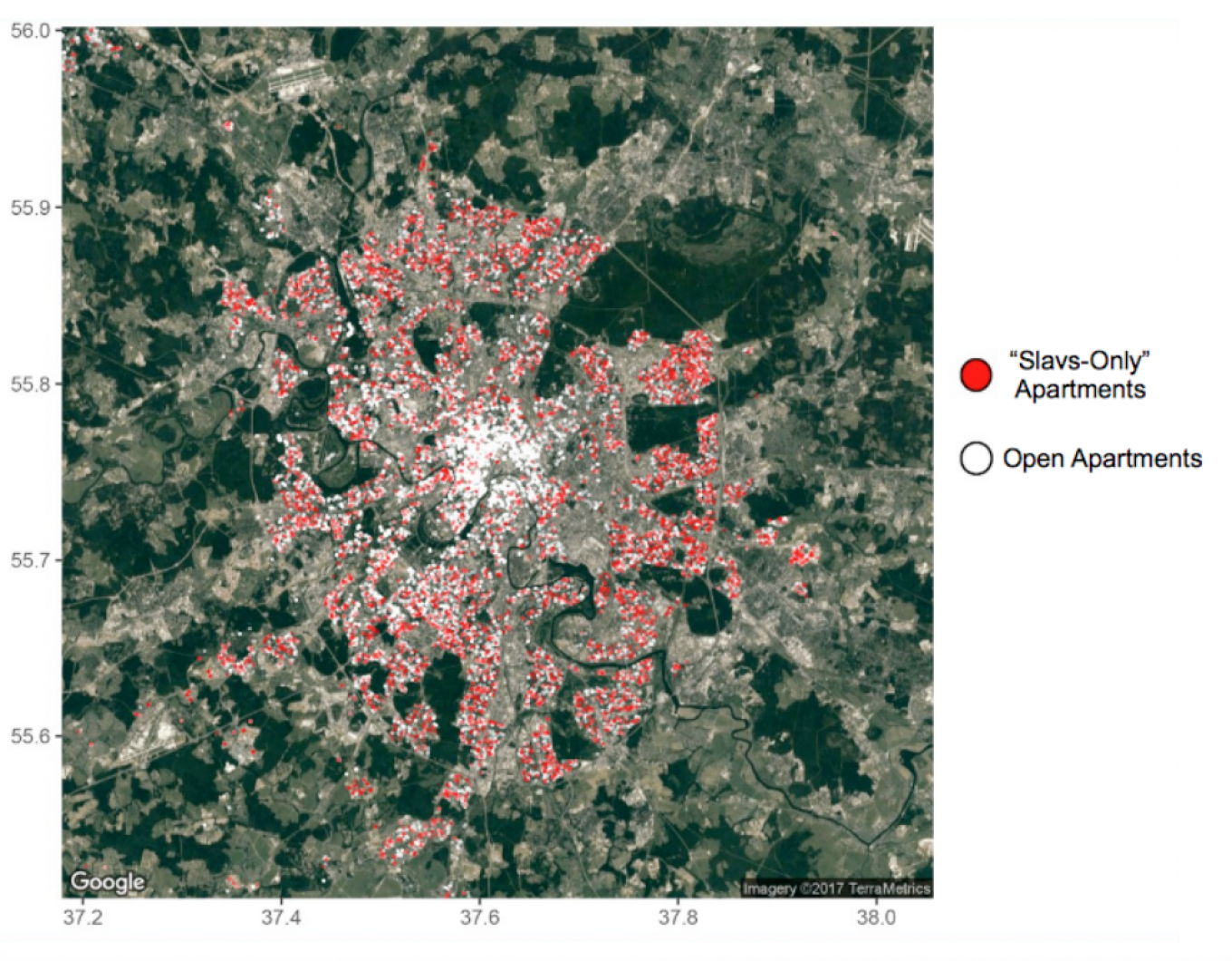 
					A map of apartments available in Moscow, colored in relation to whether landlords restrict potential tenants on ethnic grounds.					 					Robustory				