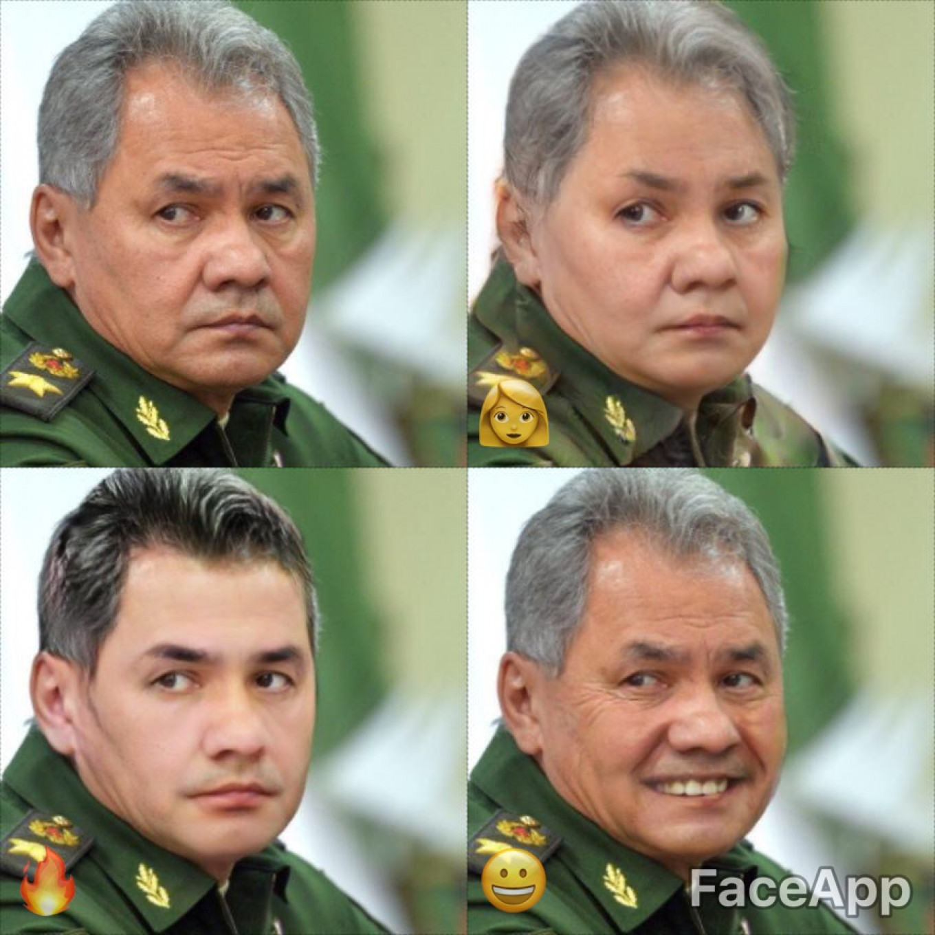 
					Put your hands together for Sergei Shoygu, Russia's minister of defense. Here he is as a woman, a “hot” man, and — well — just smilin'.					 					Kremlin Press Service				