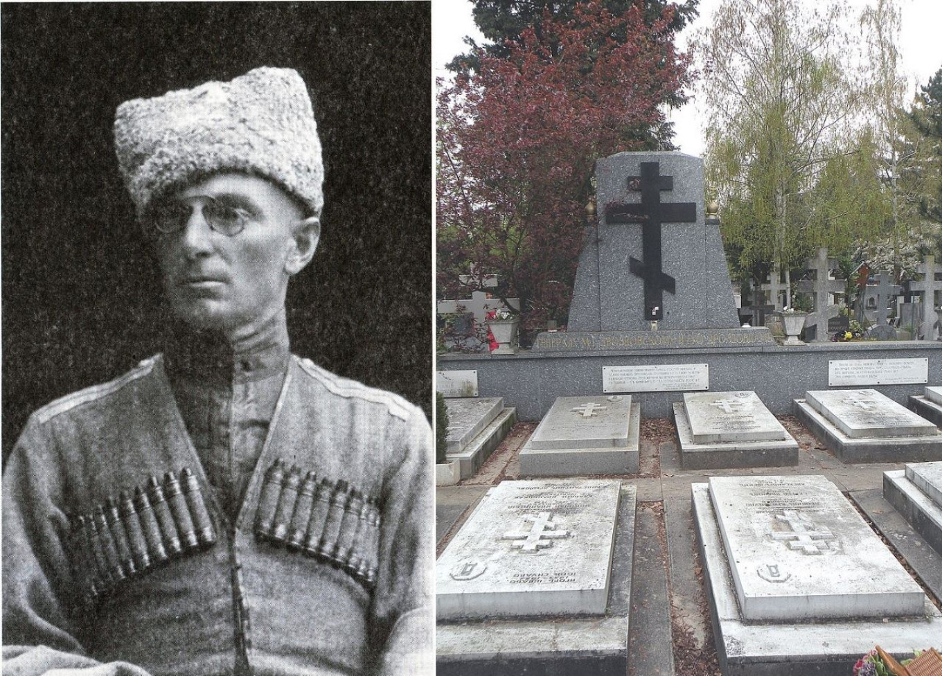 
					Colonel Drozdovsky (1918) and the monument at the Sainte-Geneviève-des-Bois cemetery					 					Wikicommons				