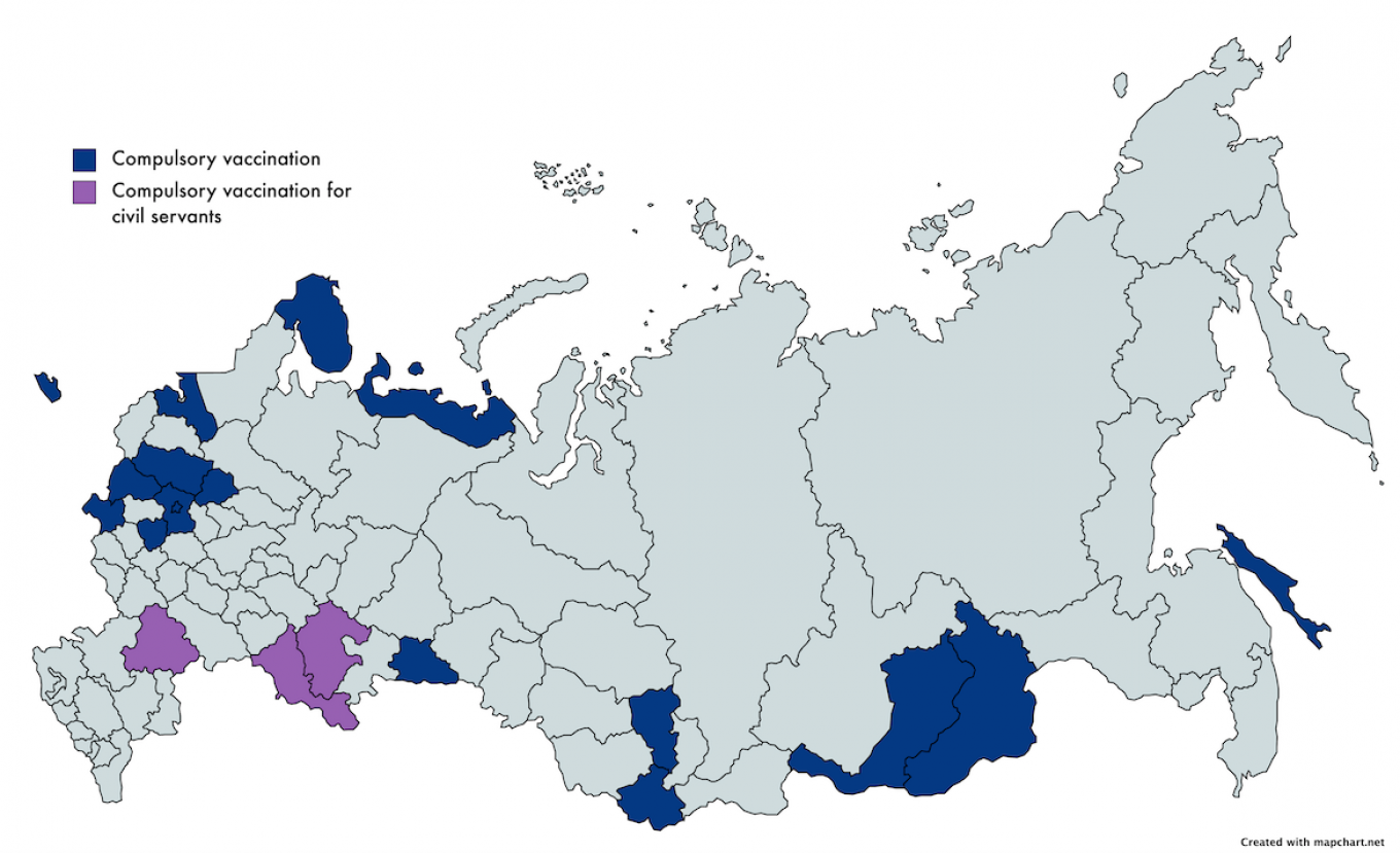 
					Several Russian regions have followed Moscow's lead and introduced mandatory vaccination programs.					 					MT				