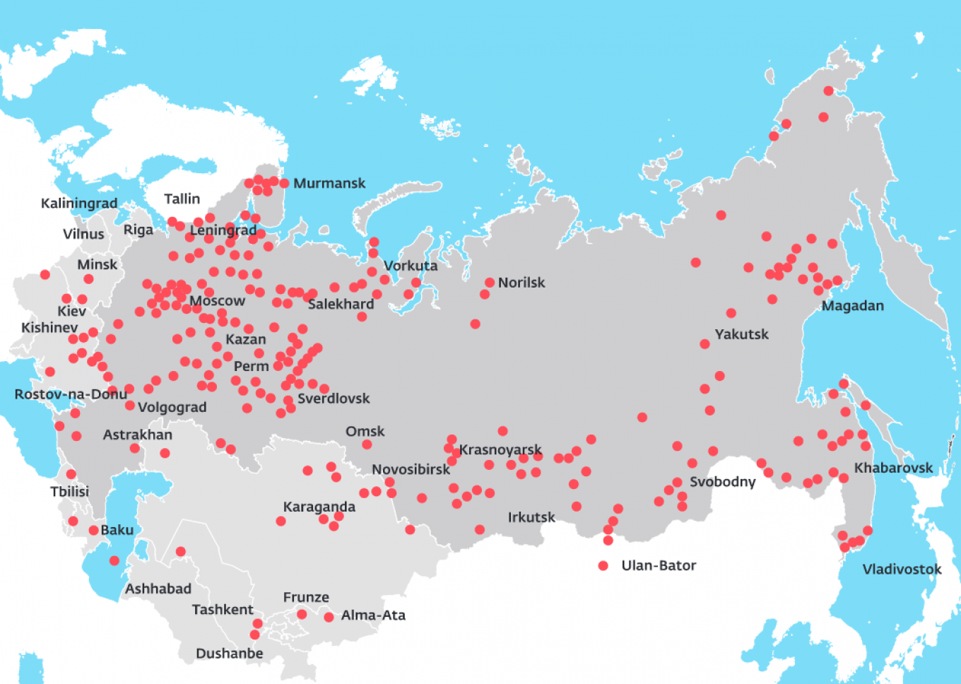 
					A map of forced labor camps (or gulags) under Stalin					 					Memorial (memo.ru)				