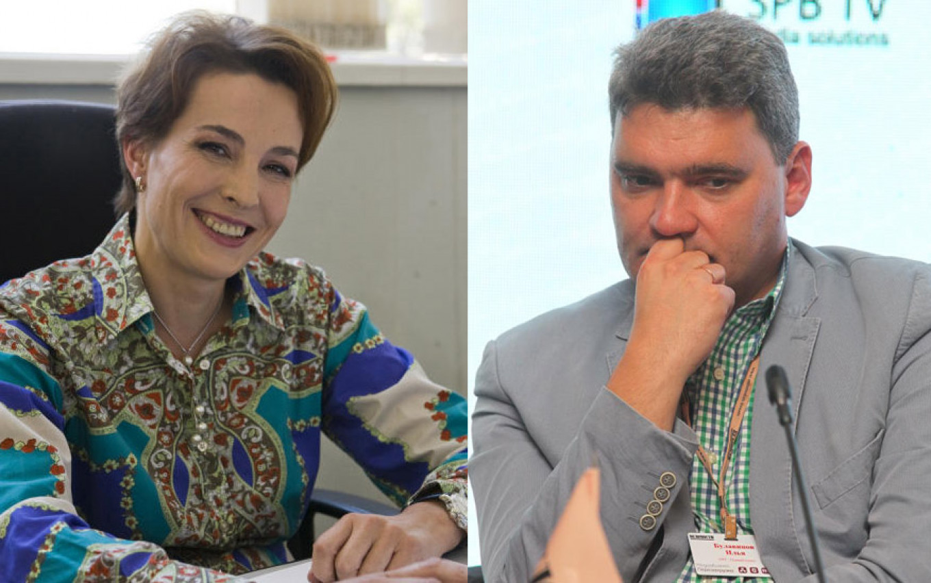Editor keluar Tatyana Lysova (kiri) dan Ilya Bulavinov (kanan), yang akan menggantikan Lysova mulai April.  Vedomosti