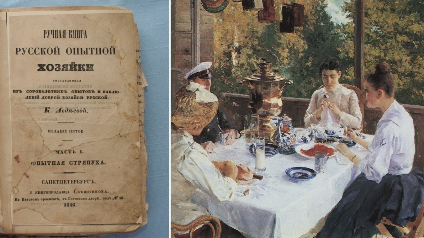 
					"Handbook for the Experienced Housewife" (1846) by Yekaterina Avdeyeva and Konstantin Korovin's painting "At the Tea Table" (1888)					 					Wiki Commons				