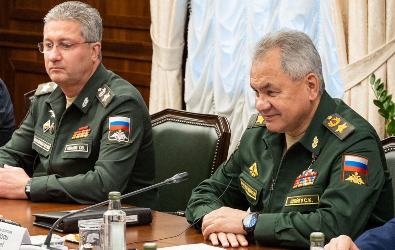 
					Former Russian Defense Minister Sergei Shoigu and his deputy Timur Ivanov in 2023.					 					Russian Defense Ministry / TASS				