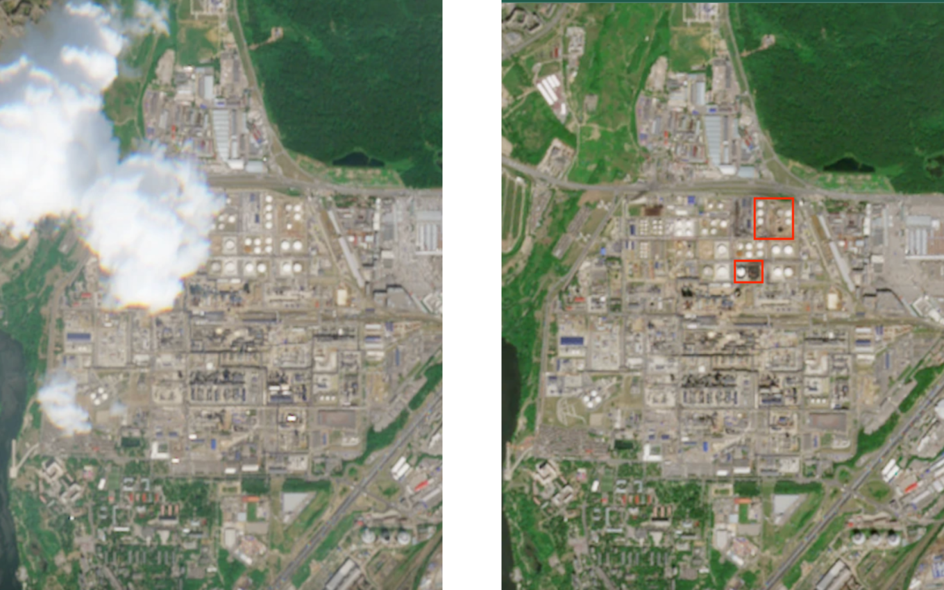 
					The result of a drone attack on a large oil refinery in southern Moscow’s Kapotnya district. These satellite images were captured on June 12 and 21.					 					Copernicus, the EU’s Earth-observation satellite program				
