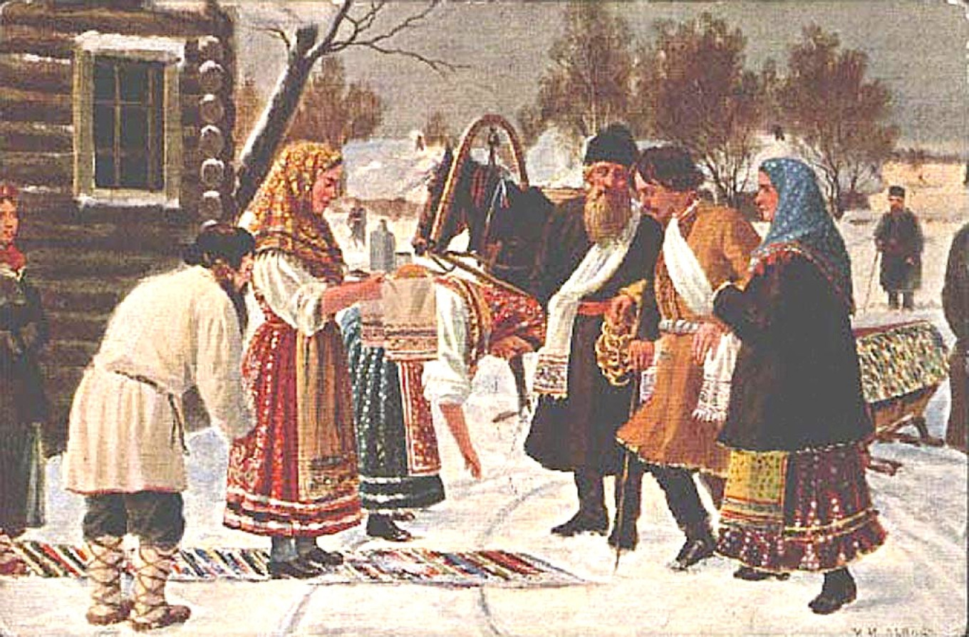 
					Painting by Ivan Lvov:  A bridegroom coming from his parents to his father-in-law's house for a wedding feast (1913). As you can see, the groom is already quite “tired” from the celebrations.					 					Wikimedia Commons				