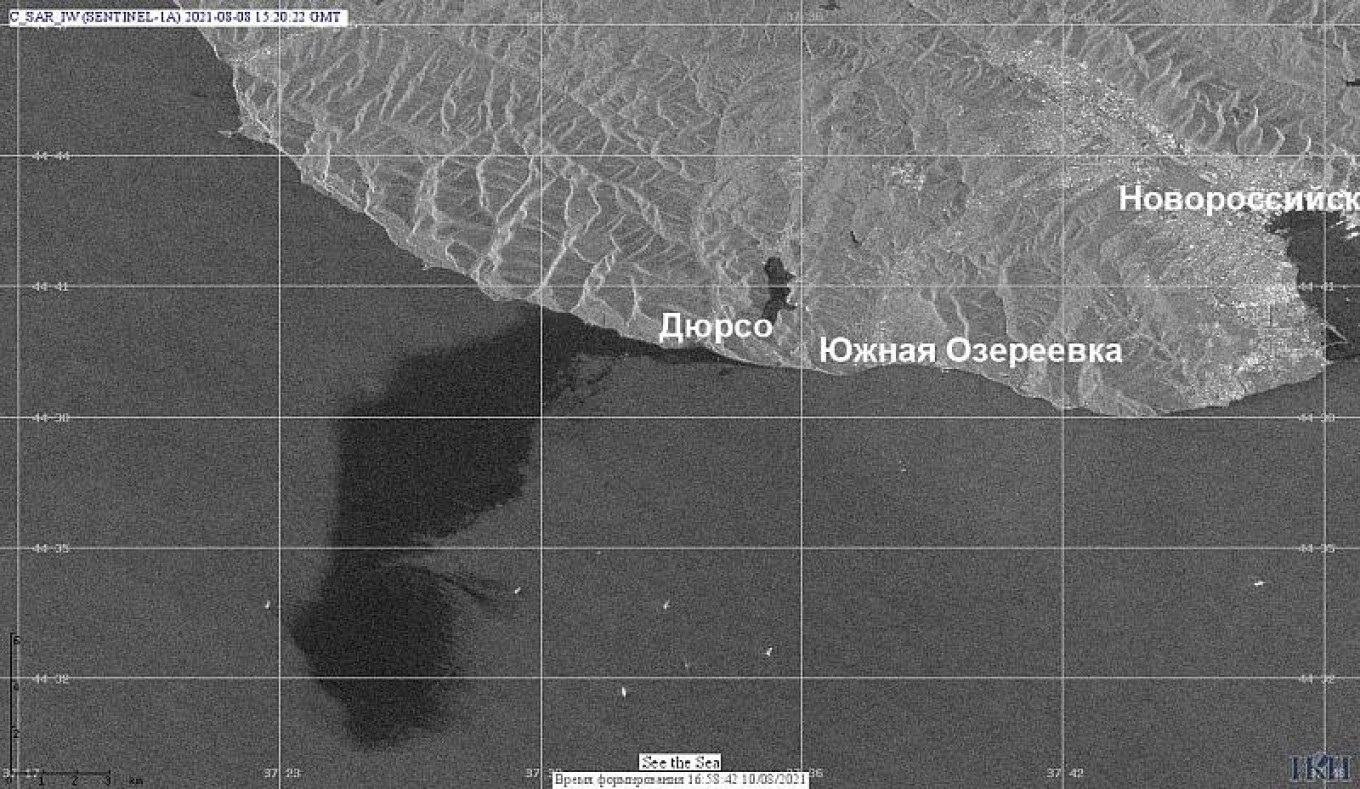 A satellite image of the oil spill taken Sunday showed its size at nearly 80 square kilometers. iki.cosmos.ru