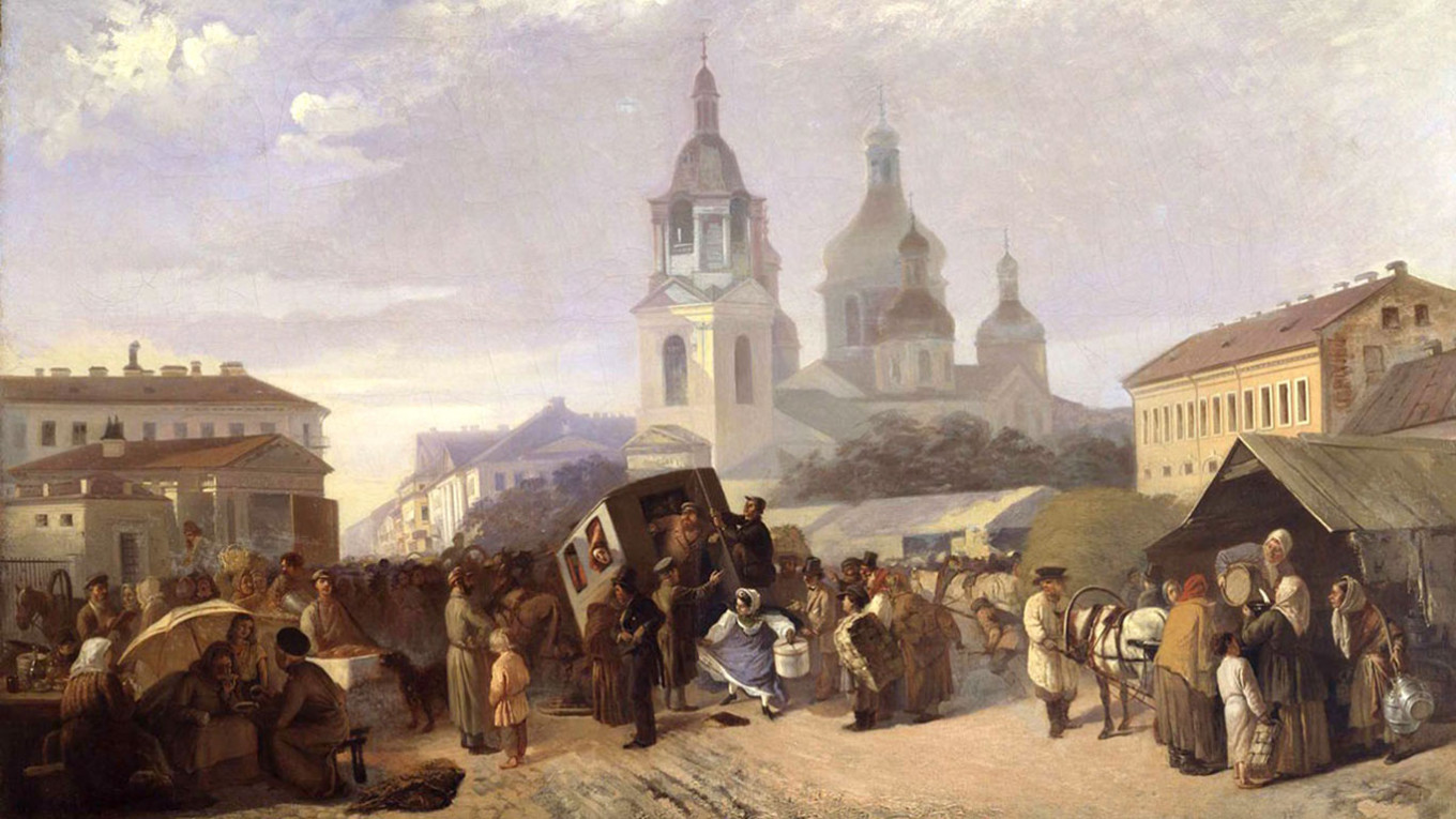 
					Adrian Volkov, "Sennaya Square," 1860-s. 					 					State Russian Museum				