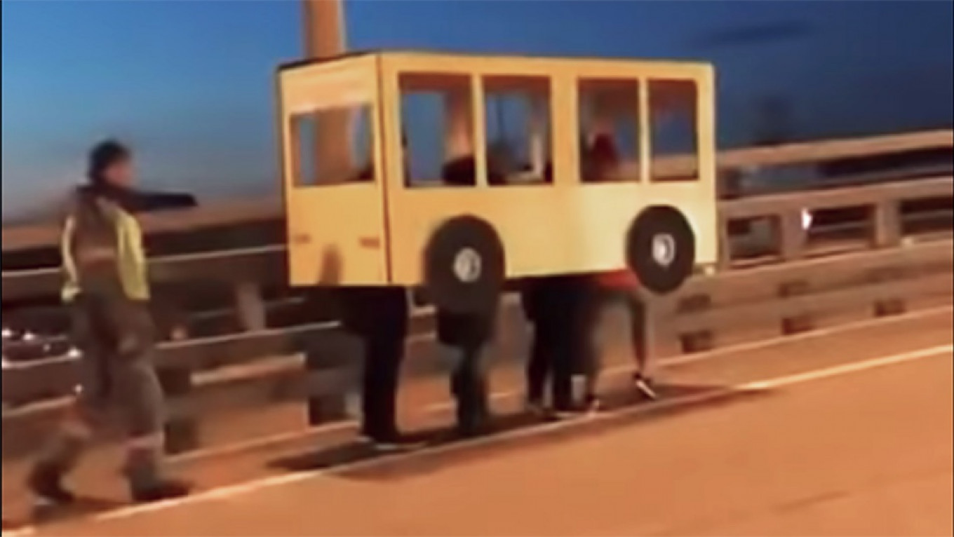 Russians Caught Trying to Cross Bridge in Cardboard Bus