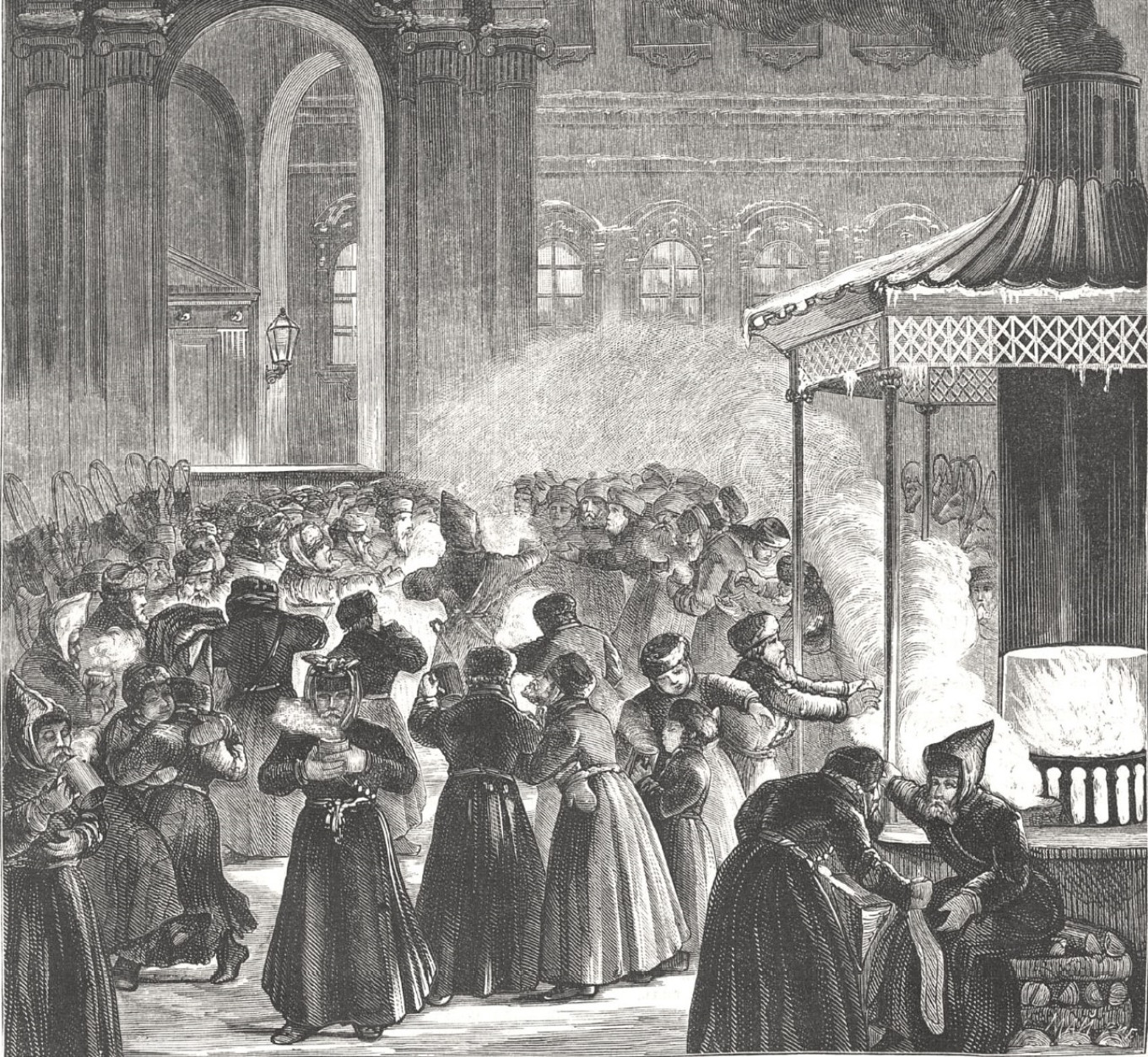 
					Serving sbiten to coachmen on Palace Square in the magazine “Illustration,” 1876.					 					Wikimedia Commons				