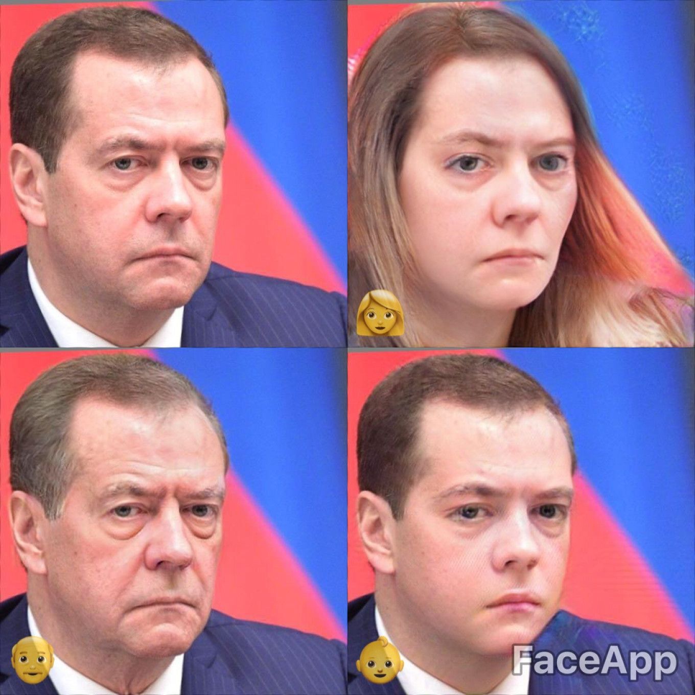 
					He's easy to forget, but remember with me Dmitry Medvedev, Russia's erstwhile president and current prime minister. As a lady, an old man, and a baby.					 					Kremlin Press Service				